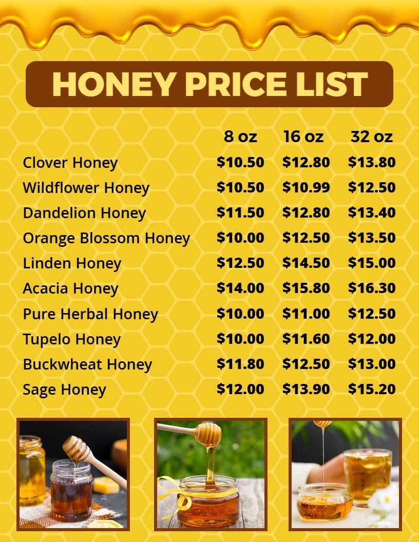 Variety of Rich and Flavorful Honey Selections Price List Template