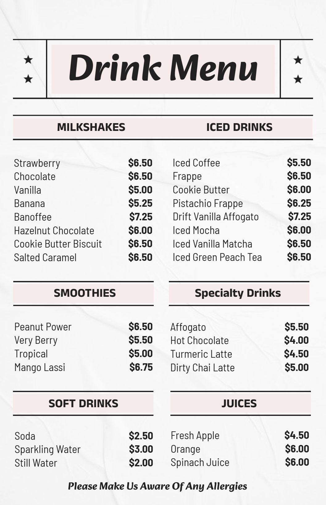 Variety of Soft Drinks and Fresh Juices Drink Menu Template