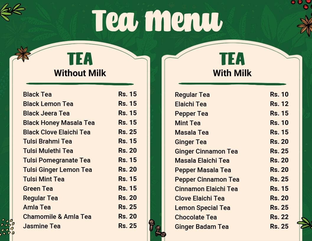 Variety of Traditional and Herbal Teas Offered Tea Menu Template