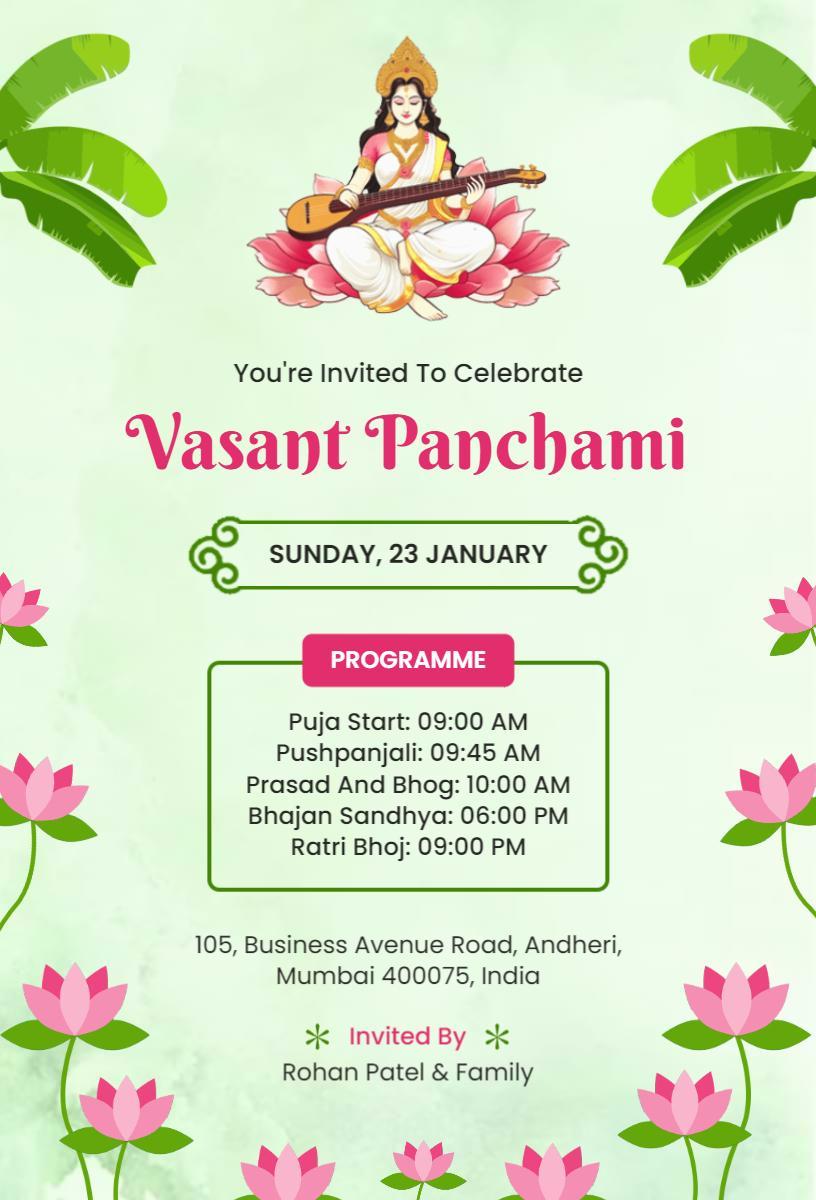 Vasant Panchami Celebration Festival Invitation Template