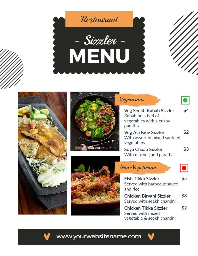 Vegetarian and Non-Vegetarian Dishes Sizzler Menu Template