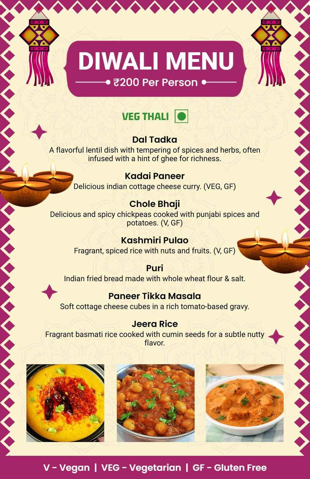Vegetarian Specialties Indian Cuisine Diwali Menu Template