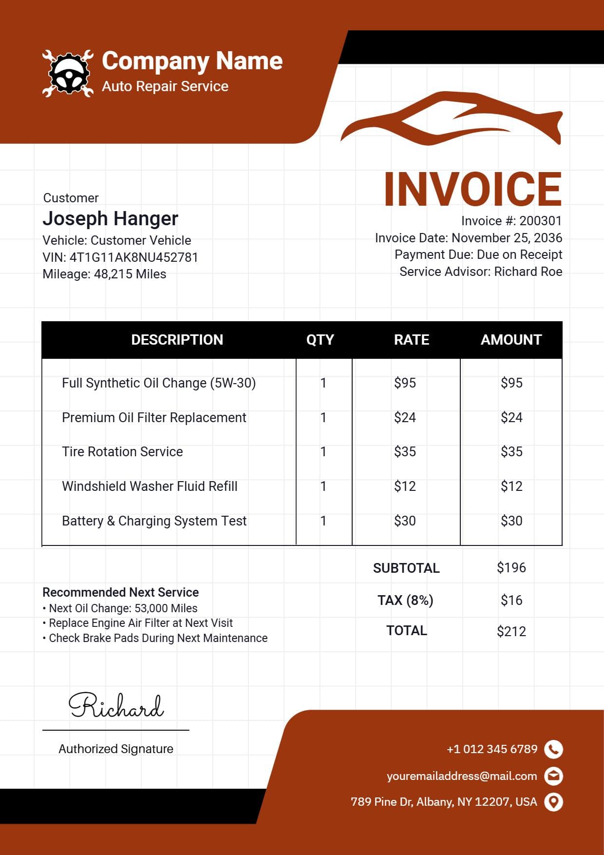 Vehicle Maintenance and Service Charges Auto Repair Invoice Template