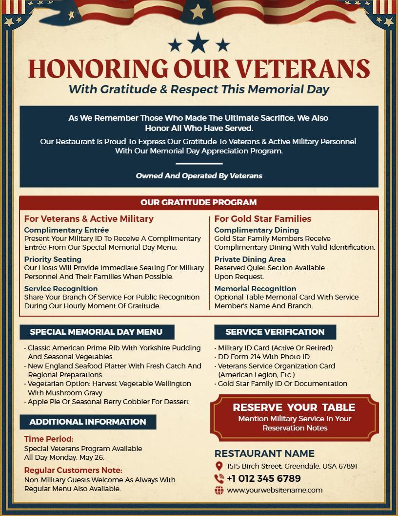 Veteran Appreciation Memorial Day Dining Menu Flyer Template