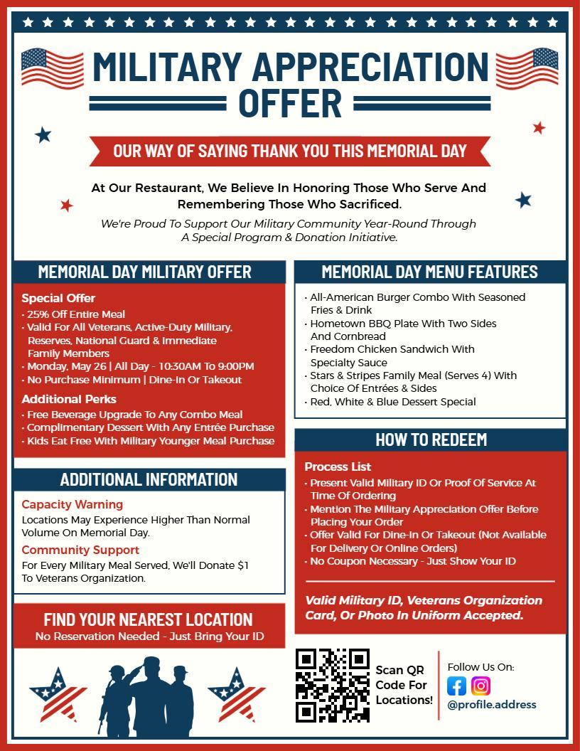 Veteran Appreciation Memorial Day Restaurant Flyer Template