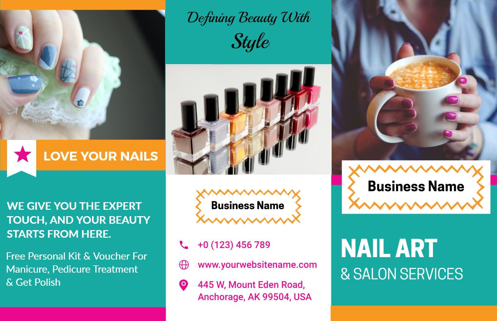Vibrant Aqua Nail Art and Salon Services Brochure Template