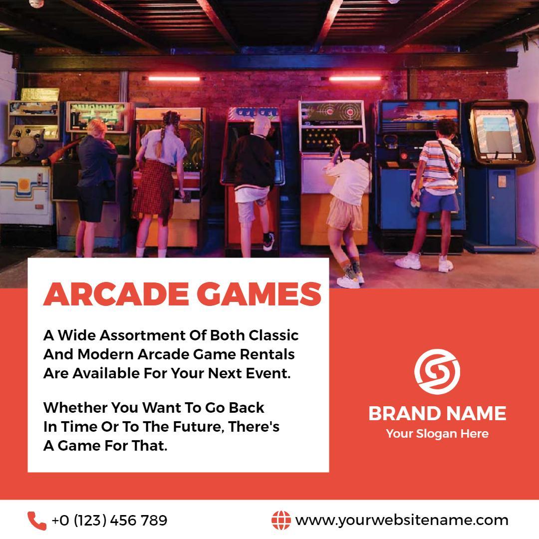 Vibrant Arcade Games Rentals for Events and Parties Ad Template
