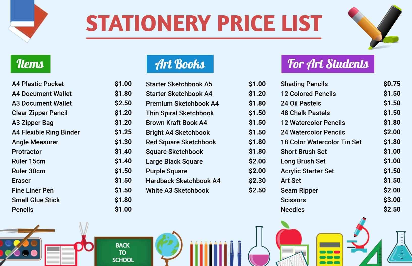 Vibrant Art Book Collection Stationery Price List Template