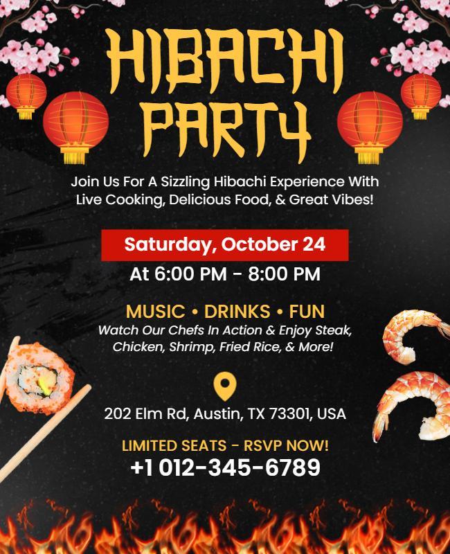 Vibrant Asian Hibachi Party with Lanterns and Food Poster Template