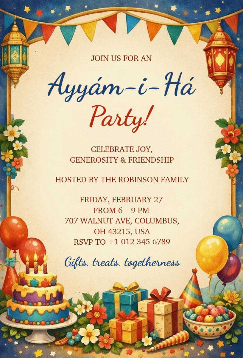 Vibrant Ayyám-i-Há Joyful Celebration Festival Invitation Template