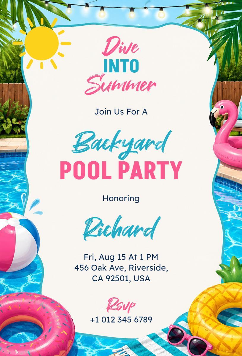 Vibrant Backyard Summer Pool Party Celebration Invitation Template