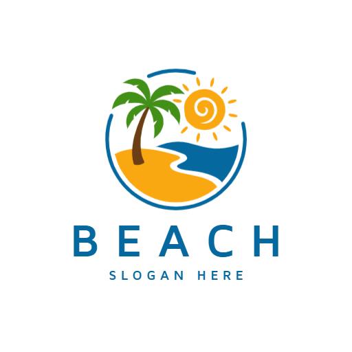 Vibrant Beach Scene with Palm Tree and Sun Logo Template