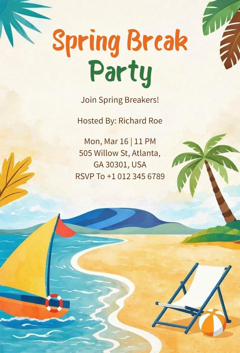 Vibrant Beach Themed Spring Break Party Invitation Template