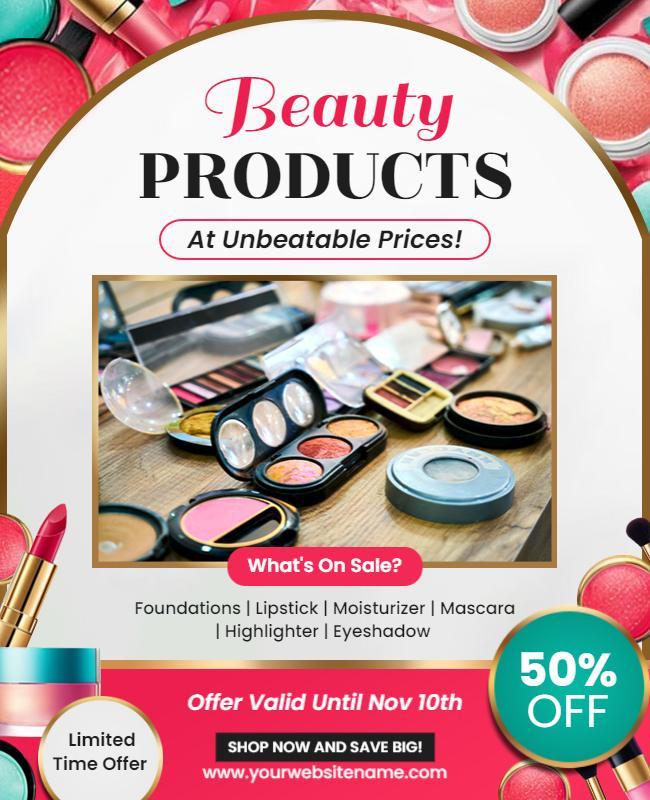 Vibrant Beauty Products Sale with Makeup Display Poster Template