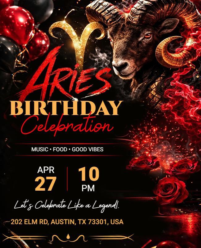 Vibrant Black and Red Aries Birthday Bash Flyer Template