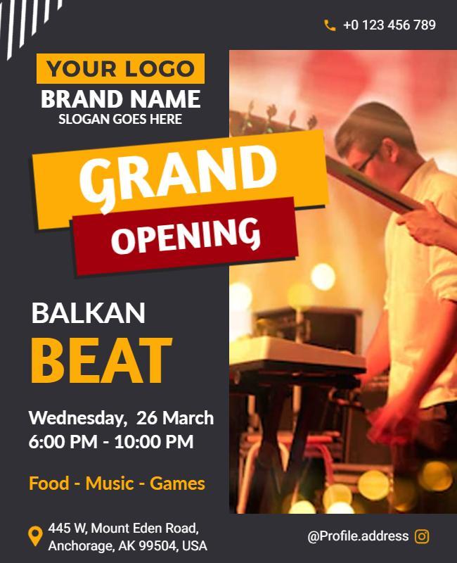 Vibrant Black and Yellow Grand Opening Balkan Beat Poster Template