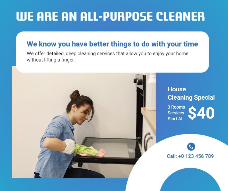Vibrant Blue All-Purpose House Cleaning Service Promotion Ad Template