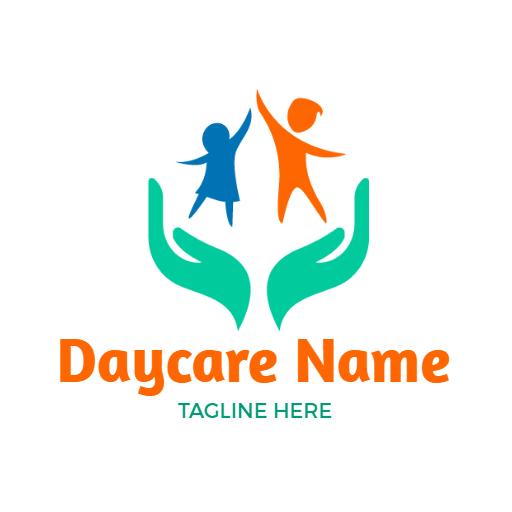 Vibrant Blue and Orange Children Embracing Daycare Logo Template