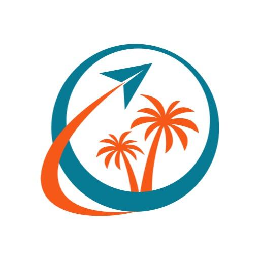 Vibrant Blue and Orange Travel Experience with Scenic Palms Logo Template