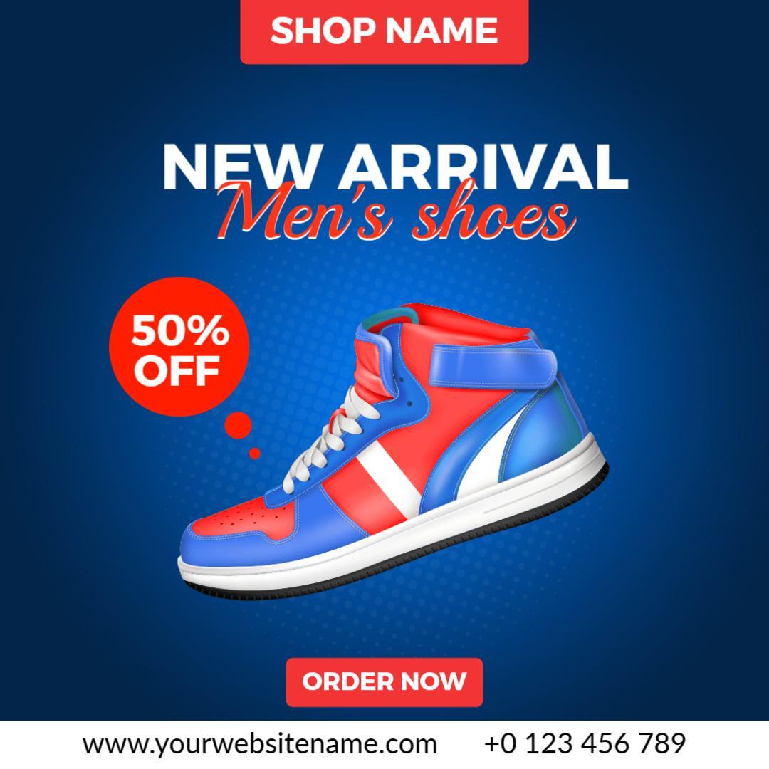 Vibrant Blue and Red Men's Shoes with 50% Discount Ad Template