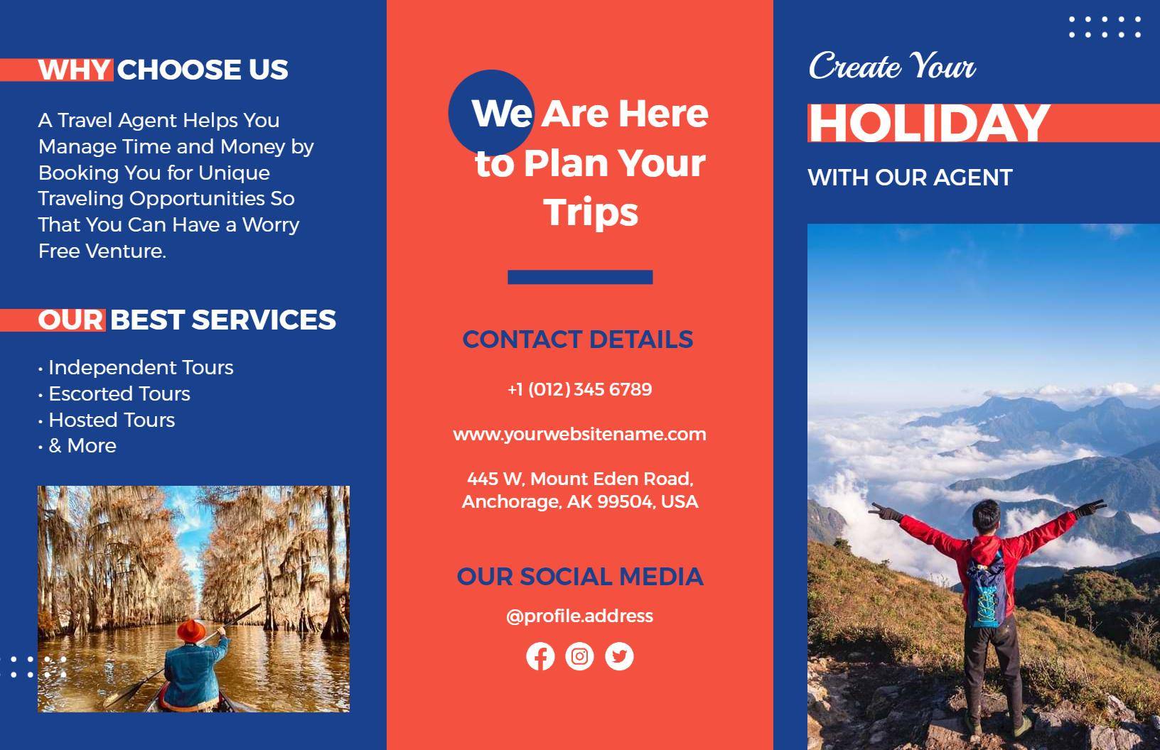 Vibrant Blue and Red Travel Agent Holiday Planning Brochure Template