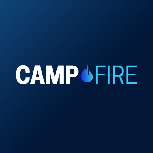 Vibrant Blue and White Campfire Design for Outdoor Activities Logo Template