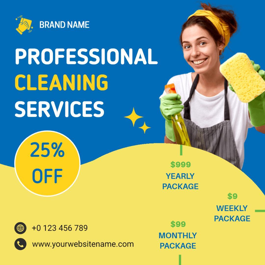 Vibrant Blue and Yellow Cleaning Service Package Discount Ad Template