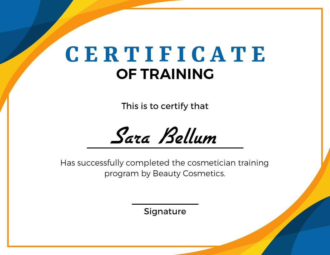 Vibrant Blue and Yellow Cosmetician Training Certificate Template