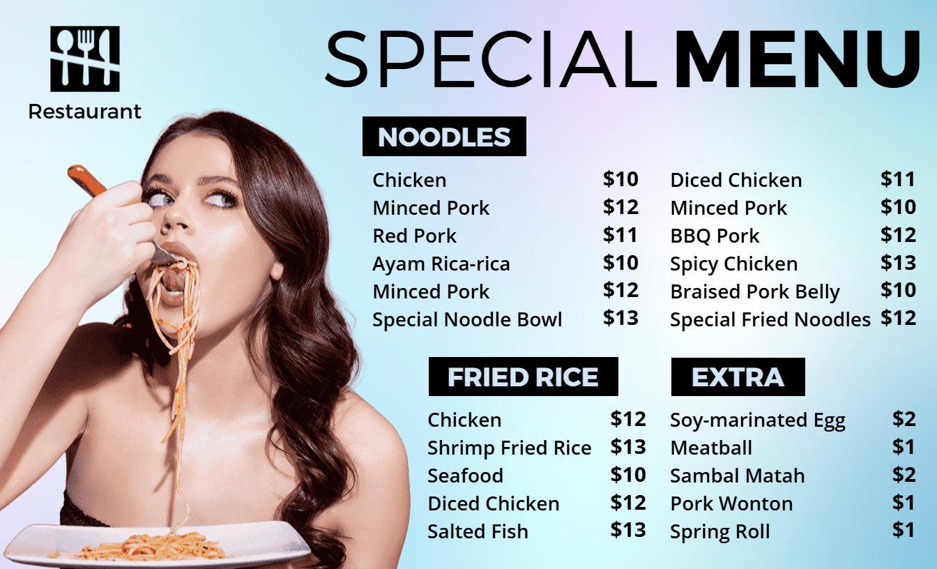 Vibrant Blue Background Special Restaurant Menu Template