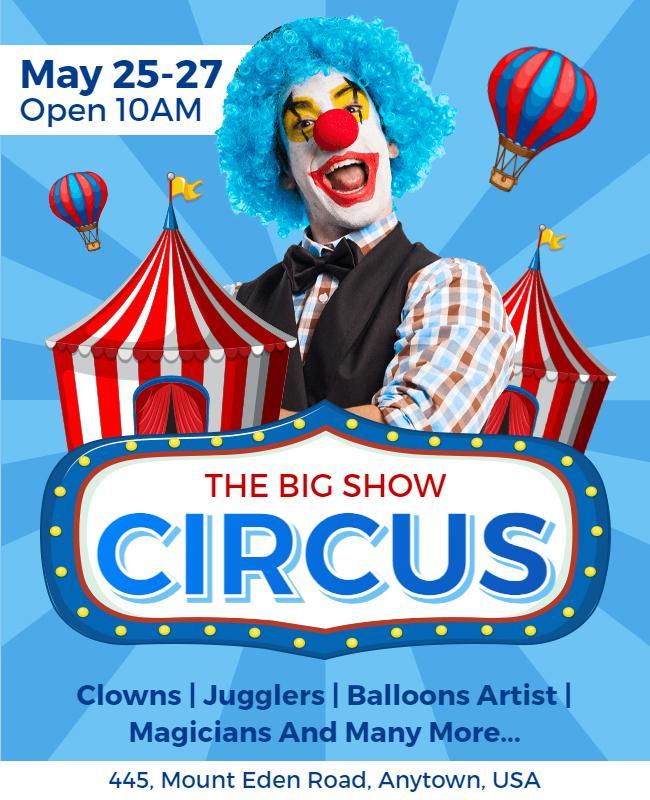 Vibrant Blue Circus Extravaganza with Clowns and Balloons Flyer Template