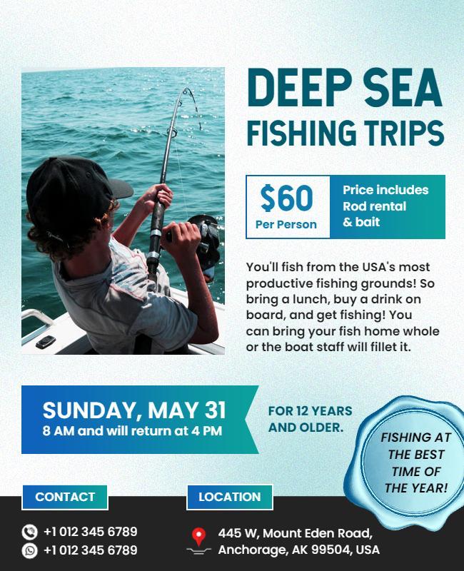 Vibrant Blue Deep Sea Fishing Trips Adventure Poster Template