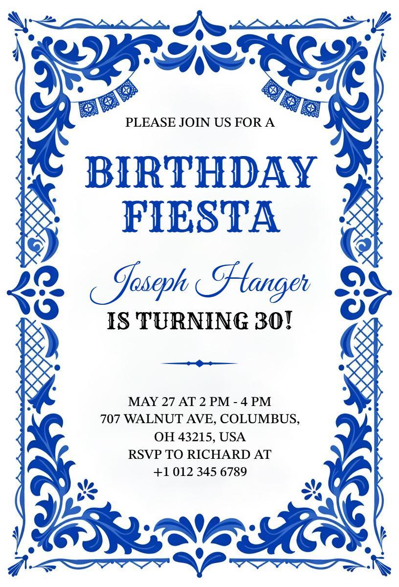 Vibrant Blue Fiesta 30th Birthday Celebration Invitation Template