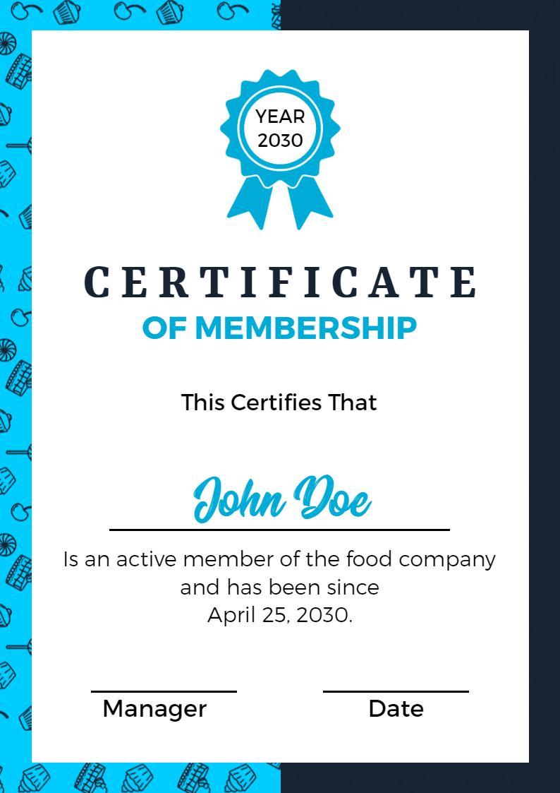 Vibrant Blue Fun Food Company Membership Certificate Template
