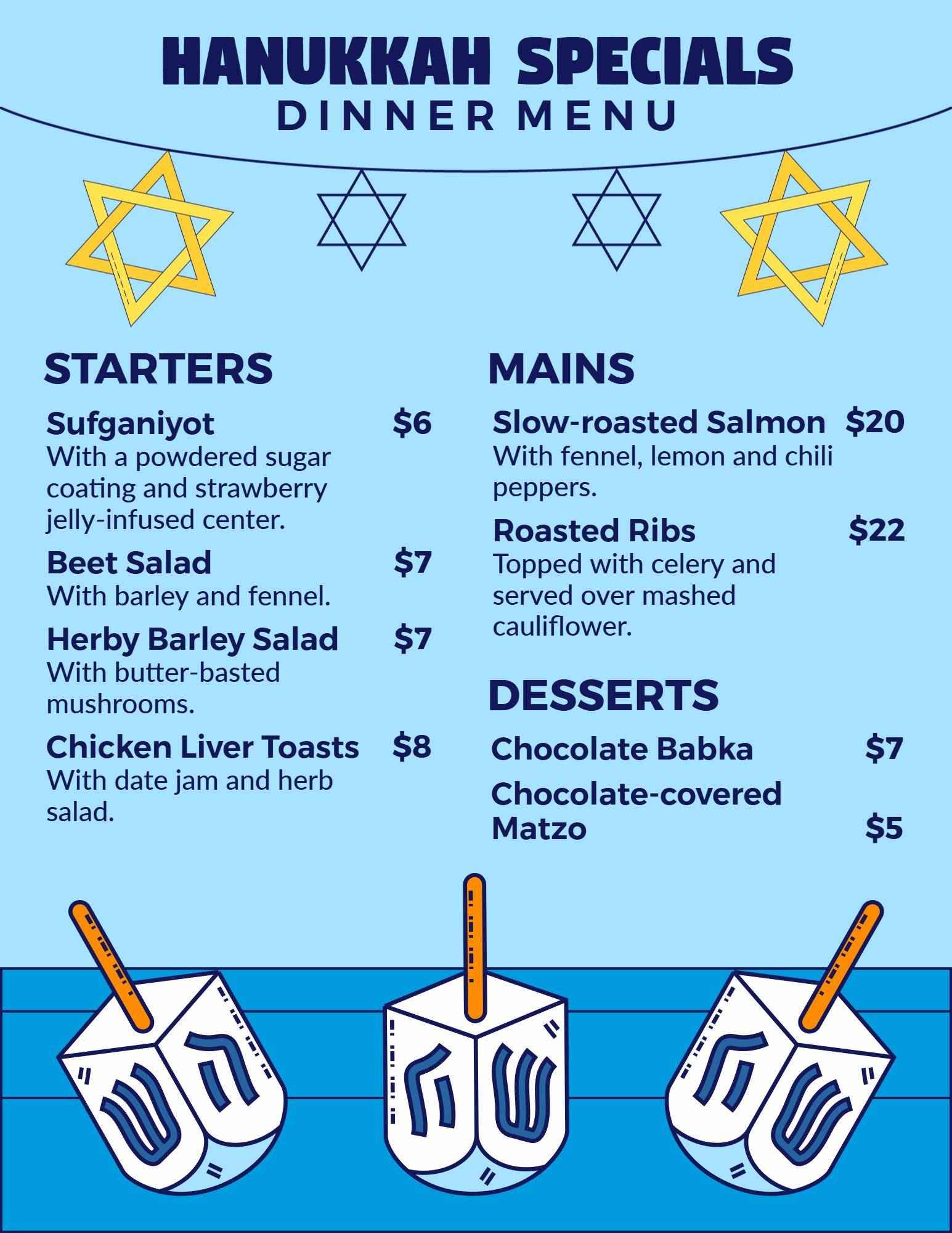 Vibrant Blue Hanukkah Menu Template