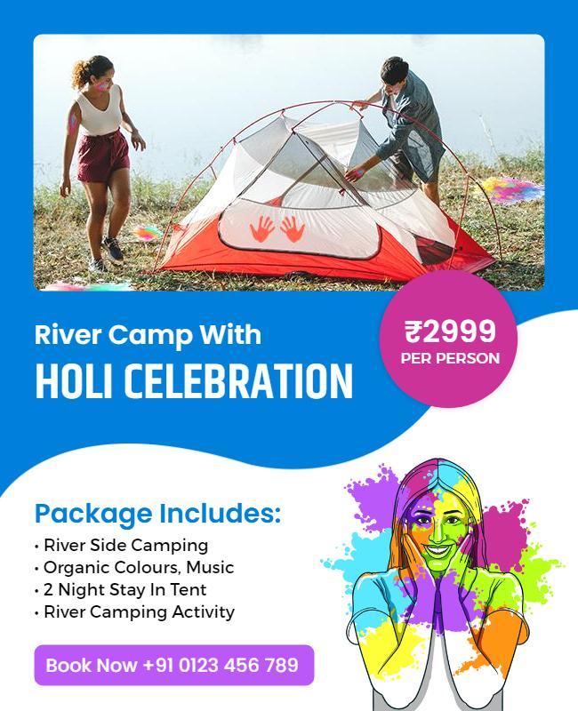 Vibrant Blue Holi Celebration River Camping Experience Poster Template
