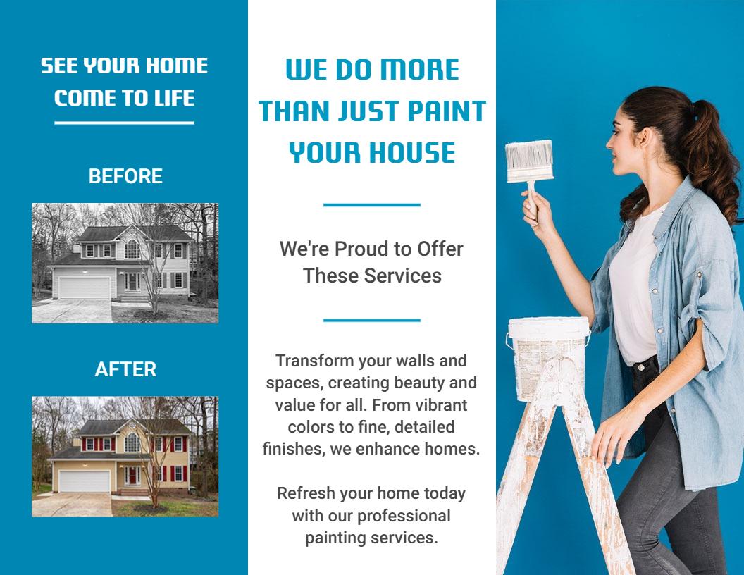 Vibrant Blue Home Painting Services Transformation Brochure Template