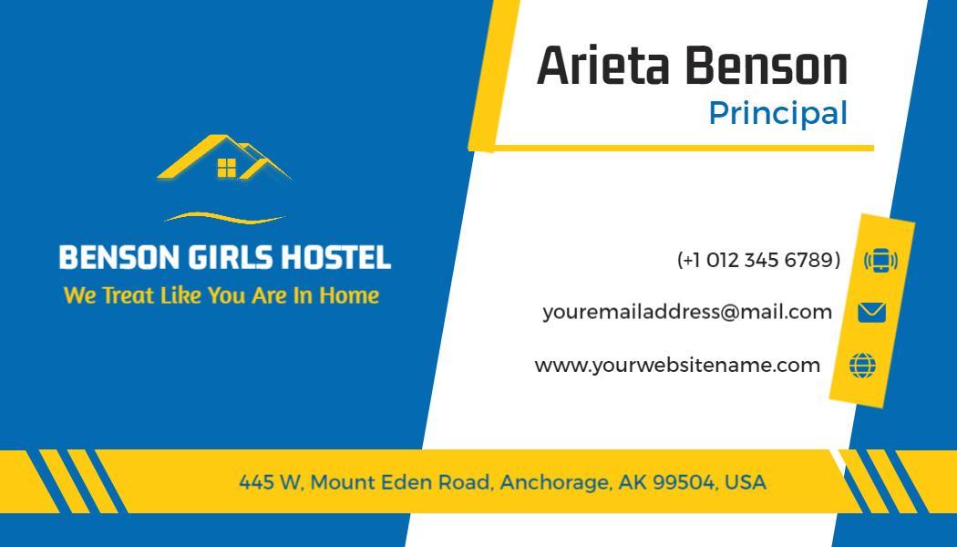 Vibrant Blue Hostel Principal Visiting Card Template