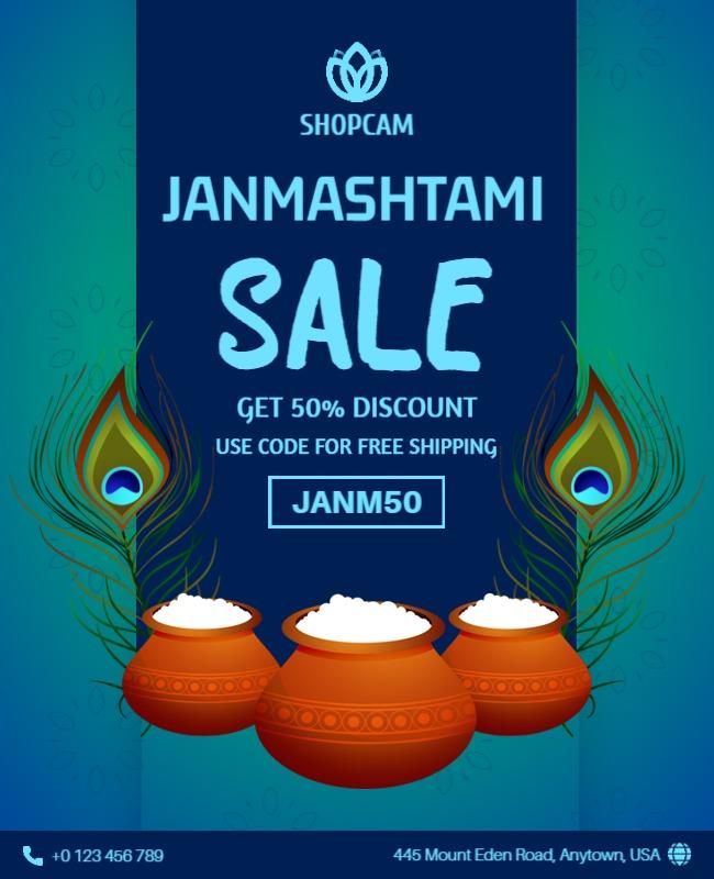 Vibrant Blue Janmashtami Festival Sale Poster Template