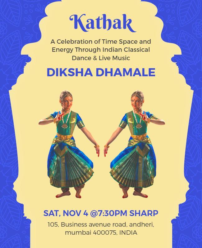 Vibrant Blue Kathak Indian Classical Dance Performance Poster Template