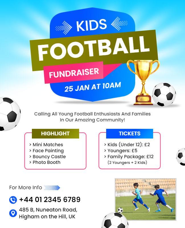 Vibrant Blue Kids Football Fundraiser Event Poster Template