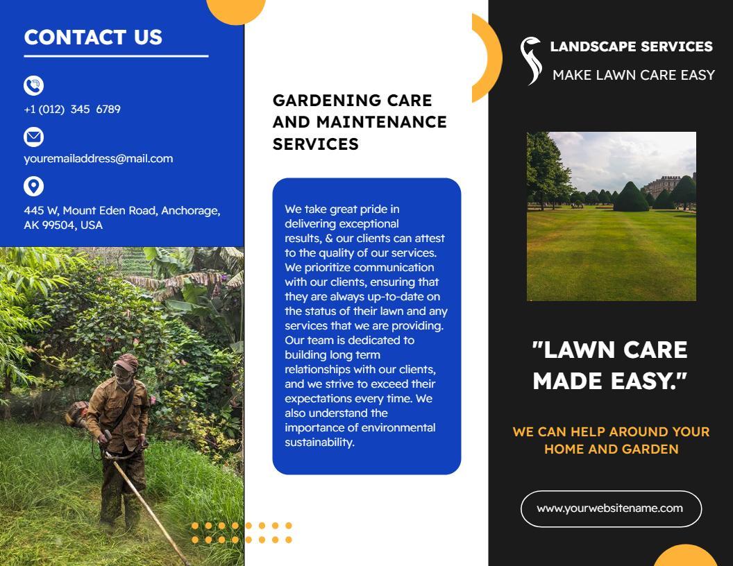 Vibrant Blue Landscape Gardening Care and Maintenance Brochure Template