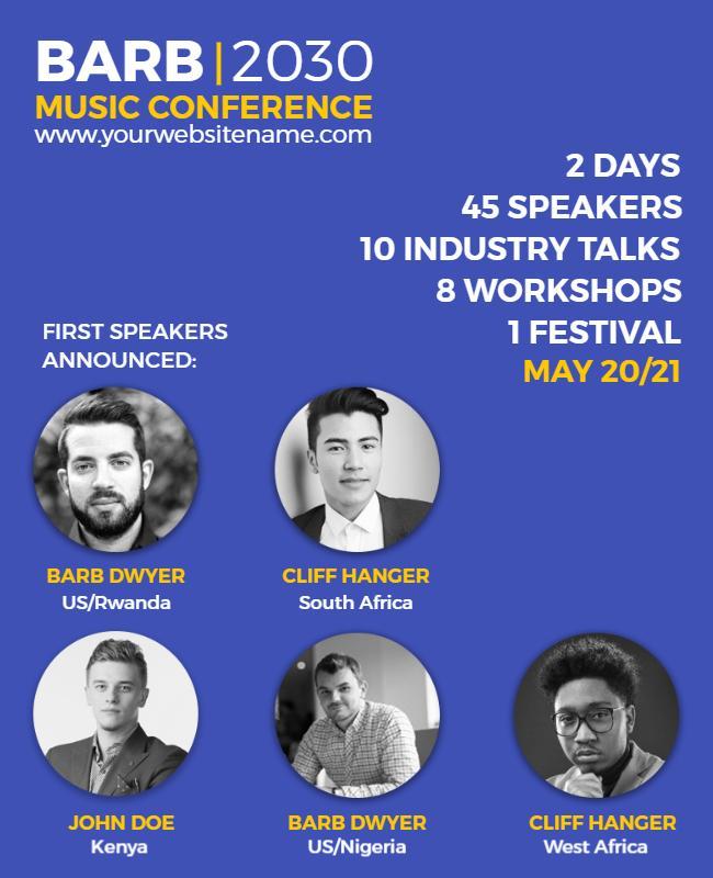 Vibrant Blue Music Conference Featuring Diverse Speakers Poster Template
