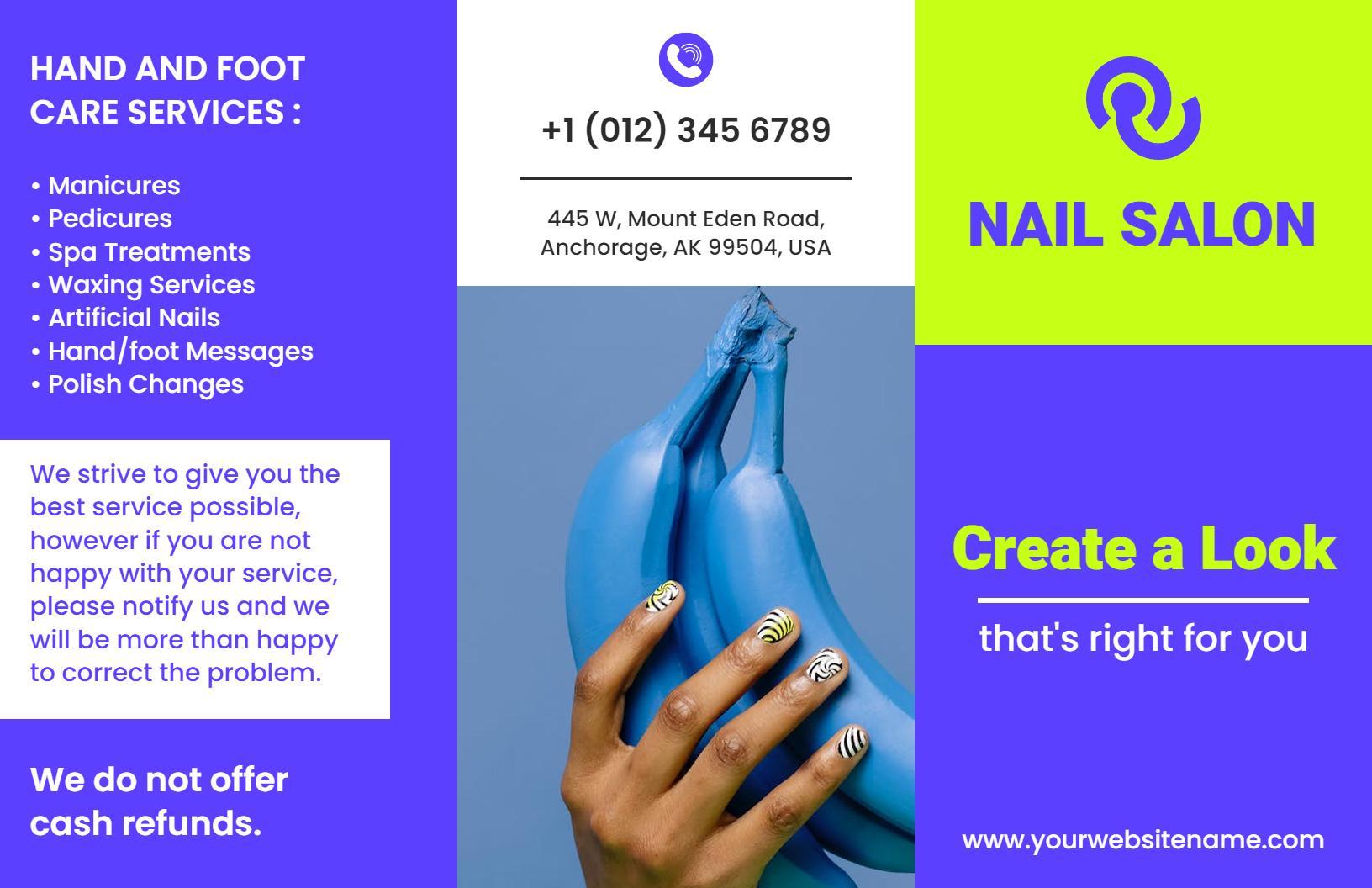 Vibrant Blue Nail Care Services and Manicure Brochure Template