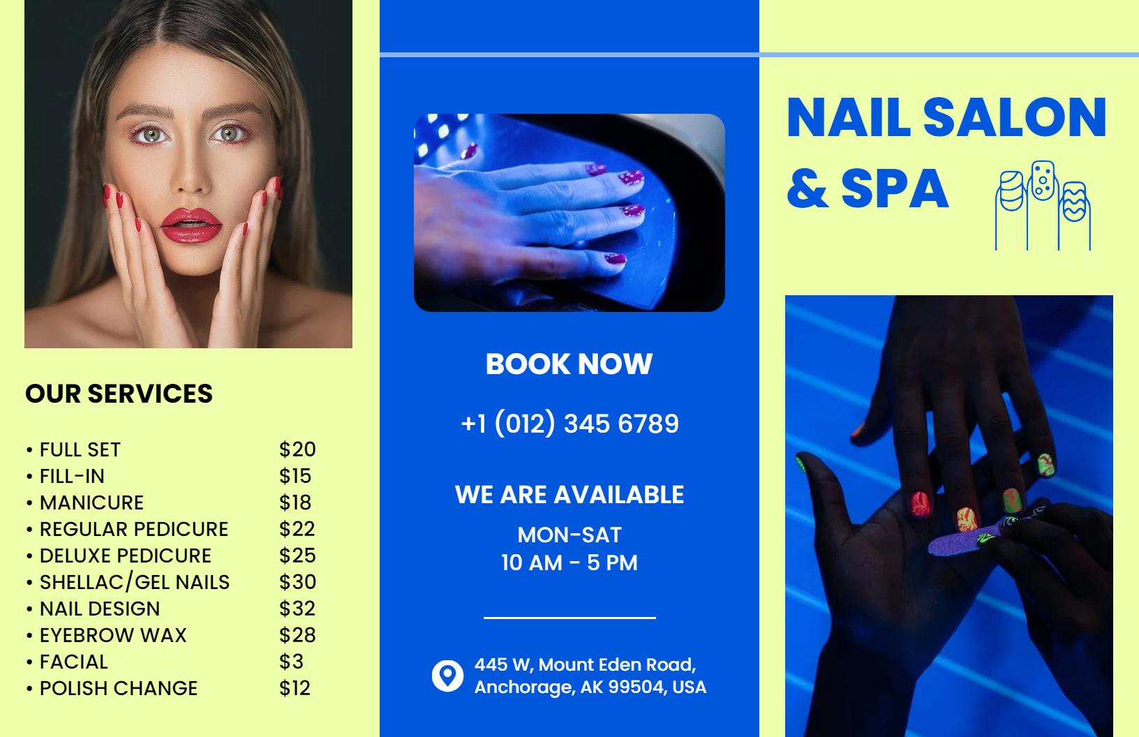 Vibrant Blue Nail Salon and Spa Services Brochure Template