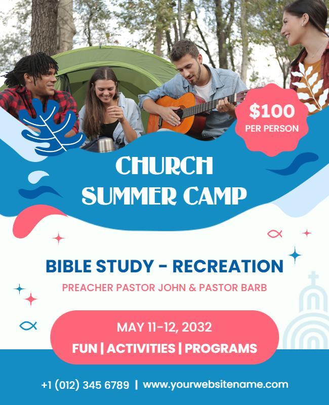 Vibrant Blue Outdoor Church Summer Camp Poster Template