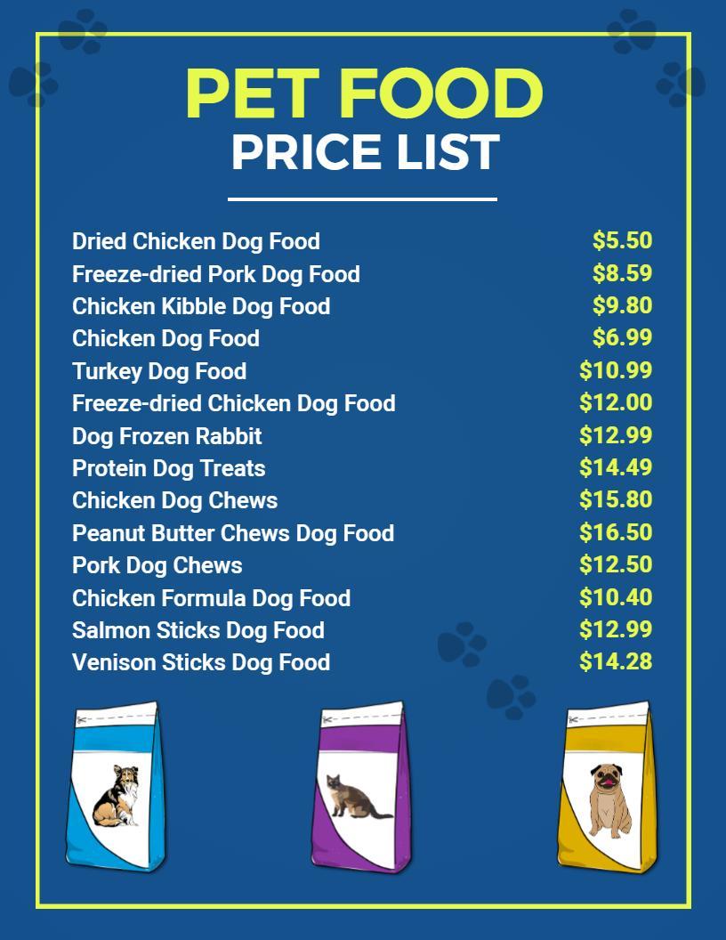 Vibrant Blue Pet Food Price List Template