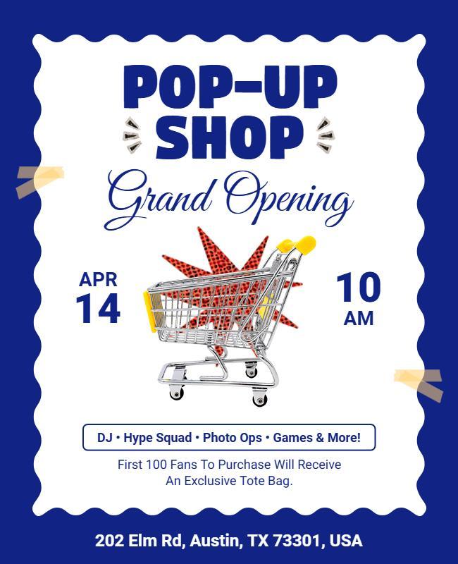 Vibrant Blue Retro Pop-Up Shop Launch Celebration Flyer Template