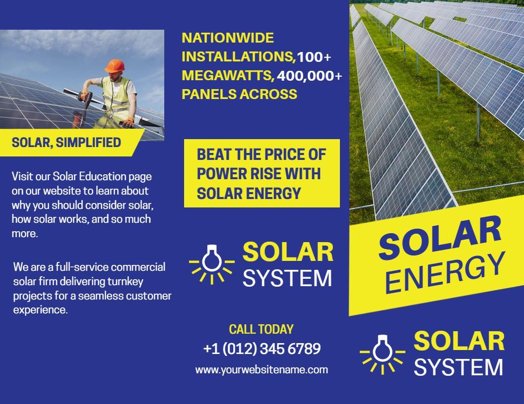 Vibrant Blue Solar Energy Solutions Service Tri Fold Brochure Template