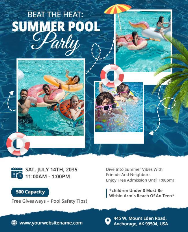 Vibrant Blue Summer Pool Party Celebration Poster Template