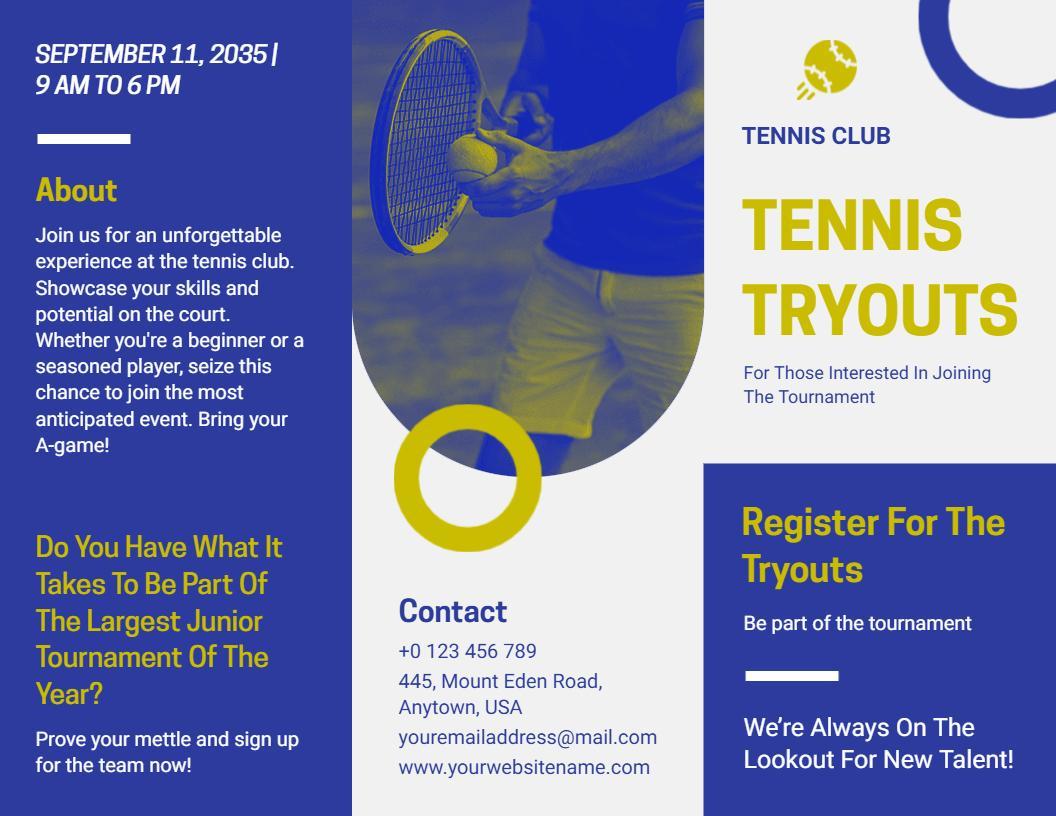 Vibrant Blue Tennis Club Tryouts Announcement Brochure Template